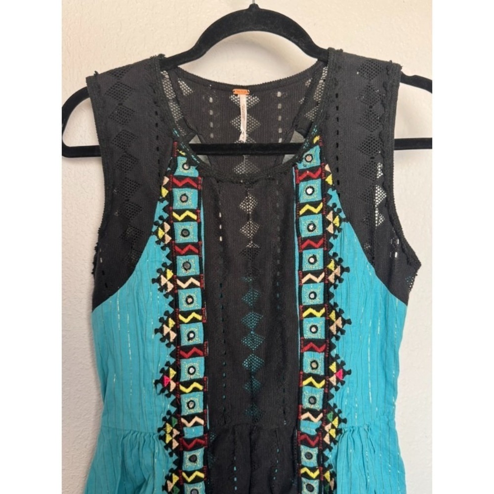 Free People Dress Women's Size 2 Turquoise Black Sleeveless Bohemian Whimsigoth‎ - Picture 4 of 16